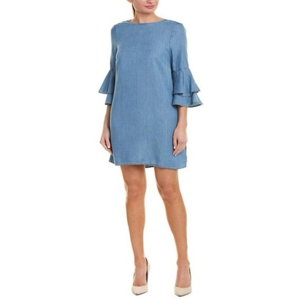 Zoe Women's Size XS Chambray Shift Dress Tiered Bell Sleeves Boatneck Lyocell